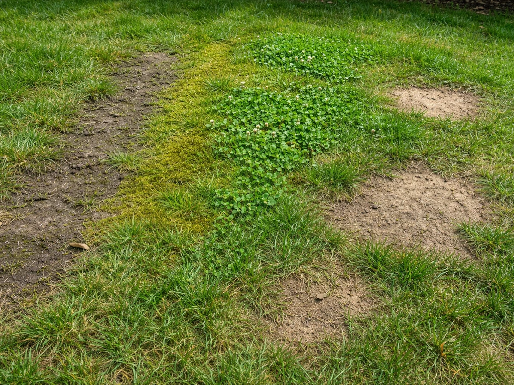 Close-up van een gazon met verdichte zones, mos/klaver en kale/damaged plekken op de grond.