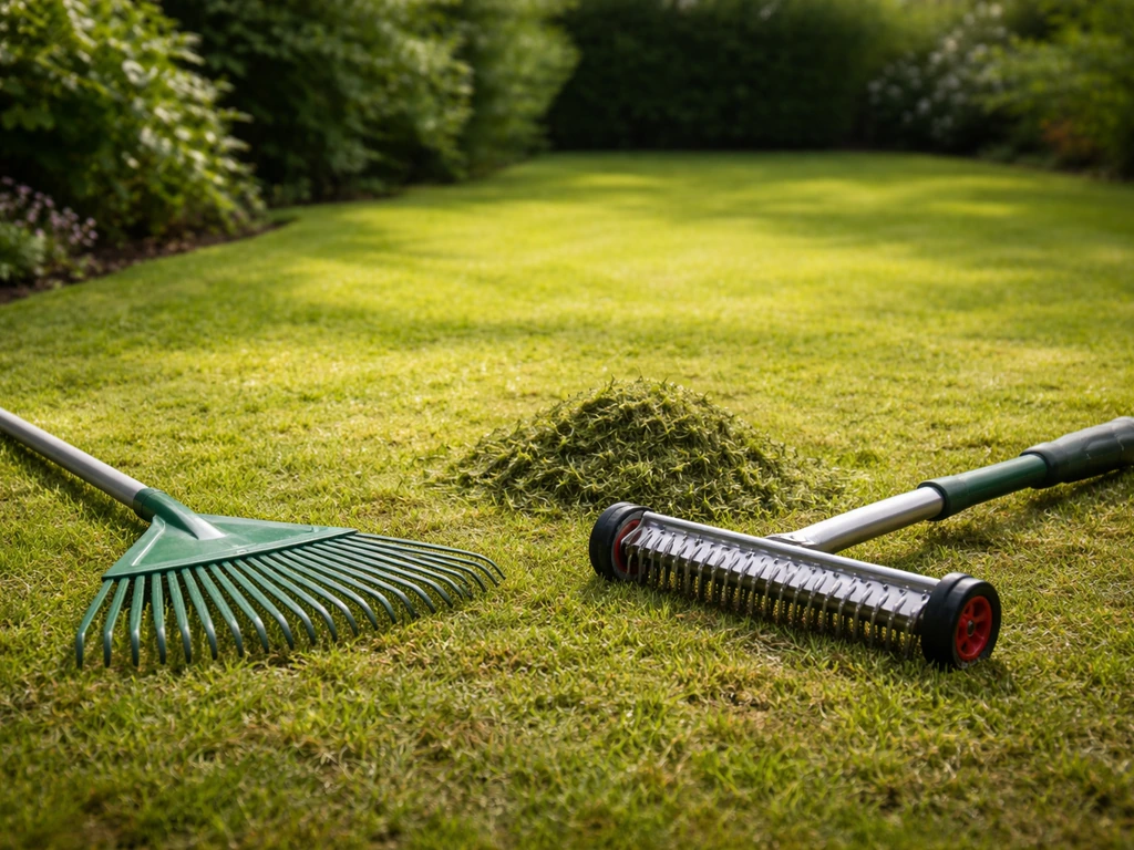 Kortgemaaid gazon met lichte vochtig grond, hark en gereedschap klaar naast netjes weggeharkt gras.