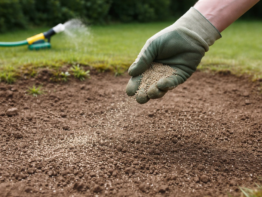 Hand strooit zaaizaad op kaal gazondeel, met sproeier/gieter klaar voor water geven.