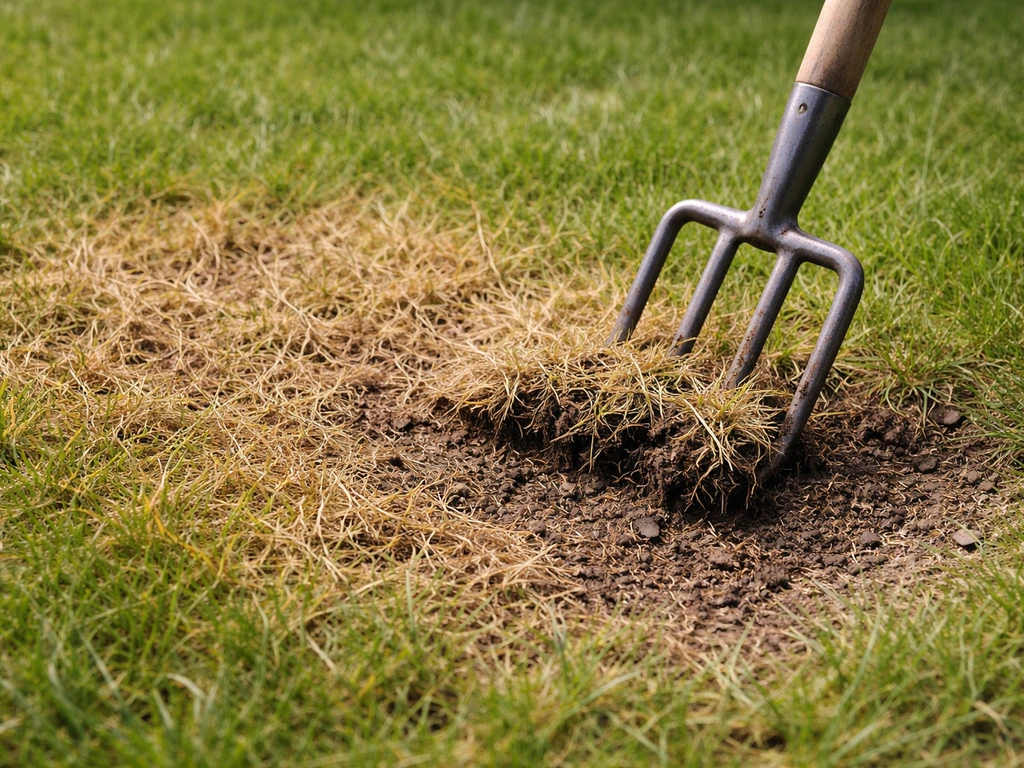 Close-up van geel/bruin gras naast een plek waar met een oude vork de bodem wordt losgemaakt