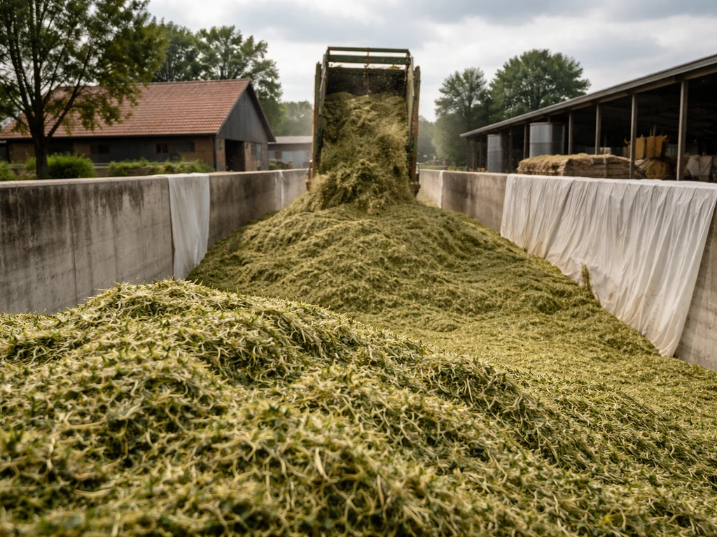 Vers gehakseld gras wordt in een sleufsilo opgebouwd op een boerderij, focus op het inkuilproces.