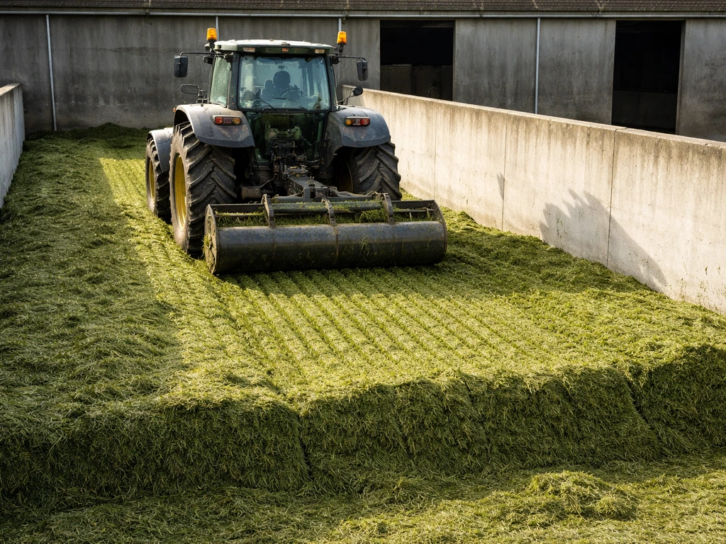 Tractor met aanbouwapparaat die kuilvoer in een sleufsilo laag voor laag verdicht, aangereden kuilrand zichtbaar.