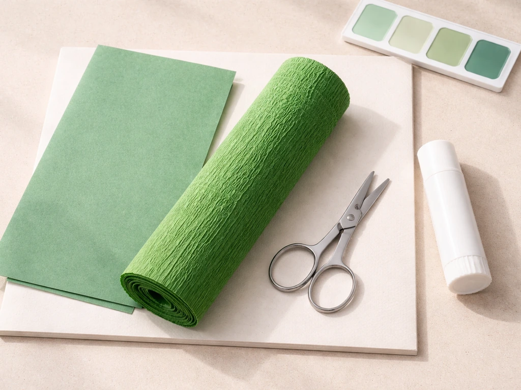 Overzichtsfoto van groen crêpepapier, bouwpapier, schaar, lijm en foam board voor papieren gras.