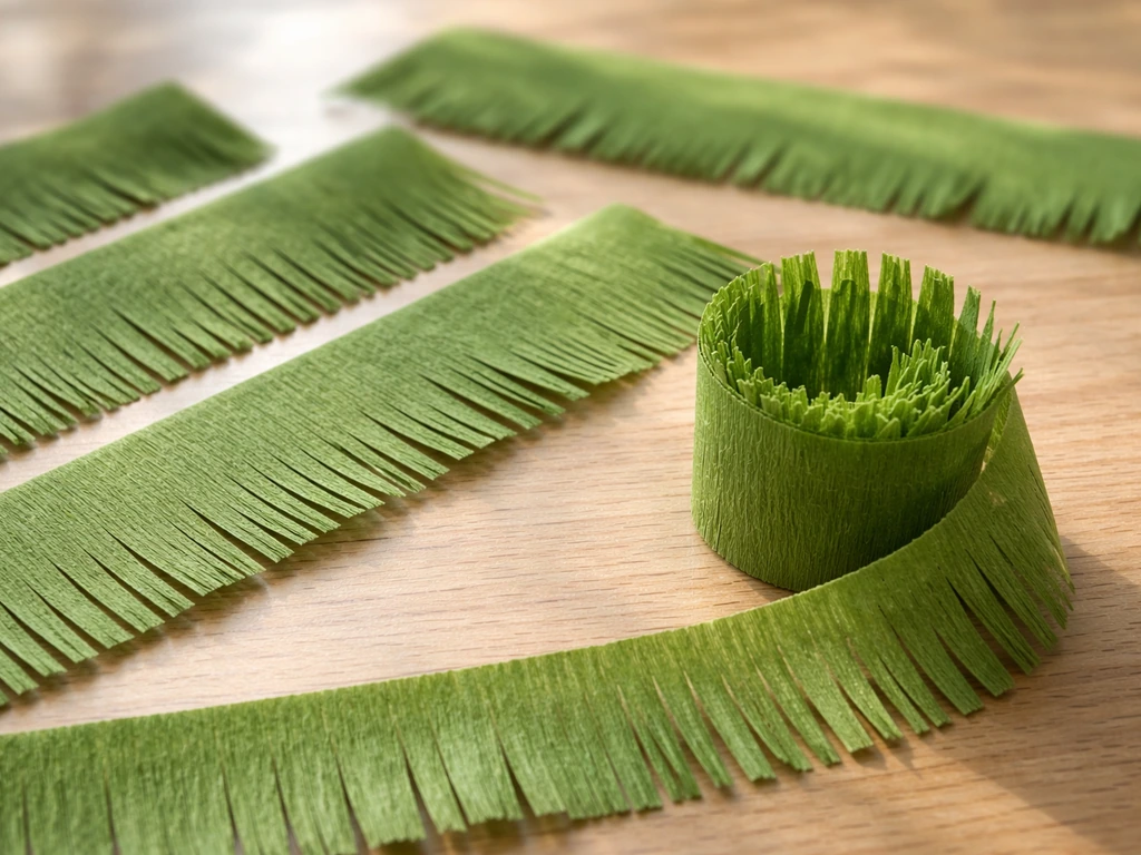 Groene crêpepapier stroken met ingeknipte franjes, licht opgerold, close-up op pluizige papiertextuur.