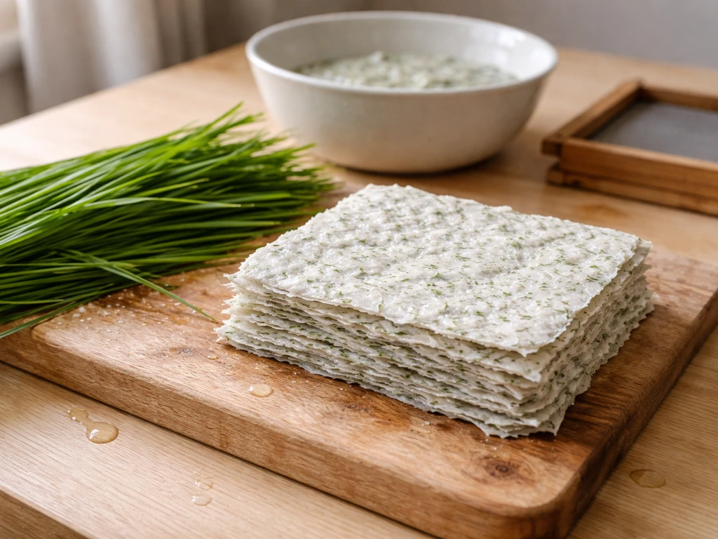 Natte papiervezels op een ingedeukt vel papier naast groen gras, als mix gras → papier in huiselijke setting