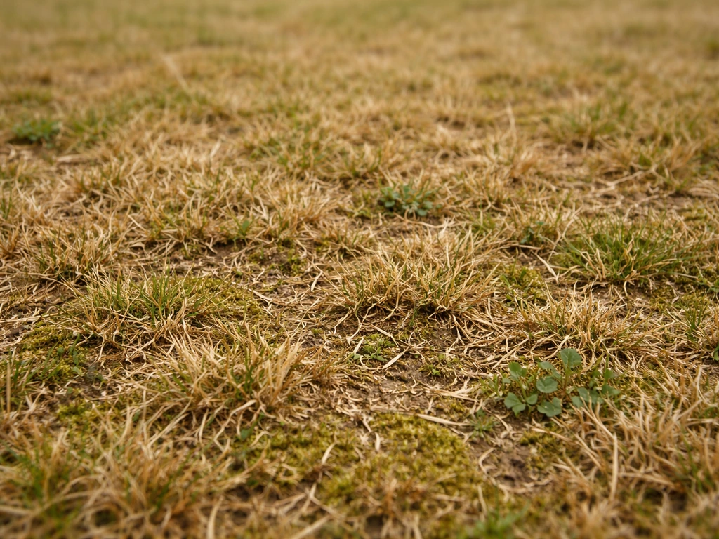 Gazontje met te kort gemaaid gras: geelbruine plekken en zichtbaar beschadigd, kort afgeknipt gras.