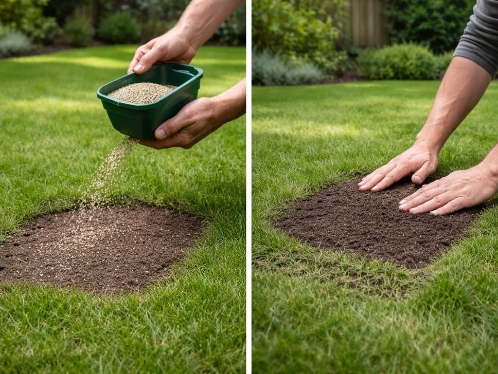 Iemand strooit graszaad en bedekt het licht met een doorgezaaide inzaaimat op een kale plek in het gazon.