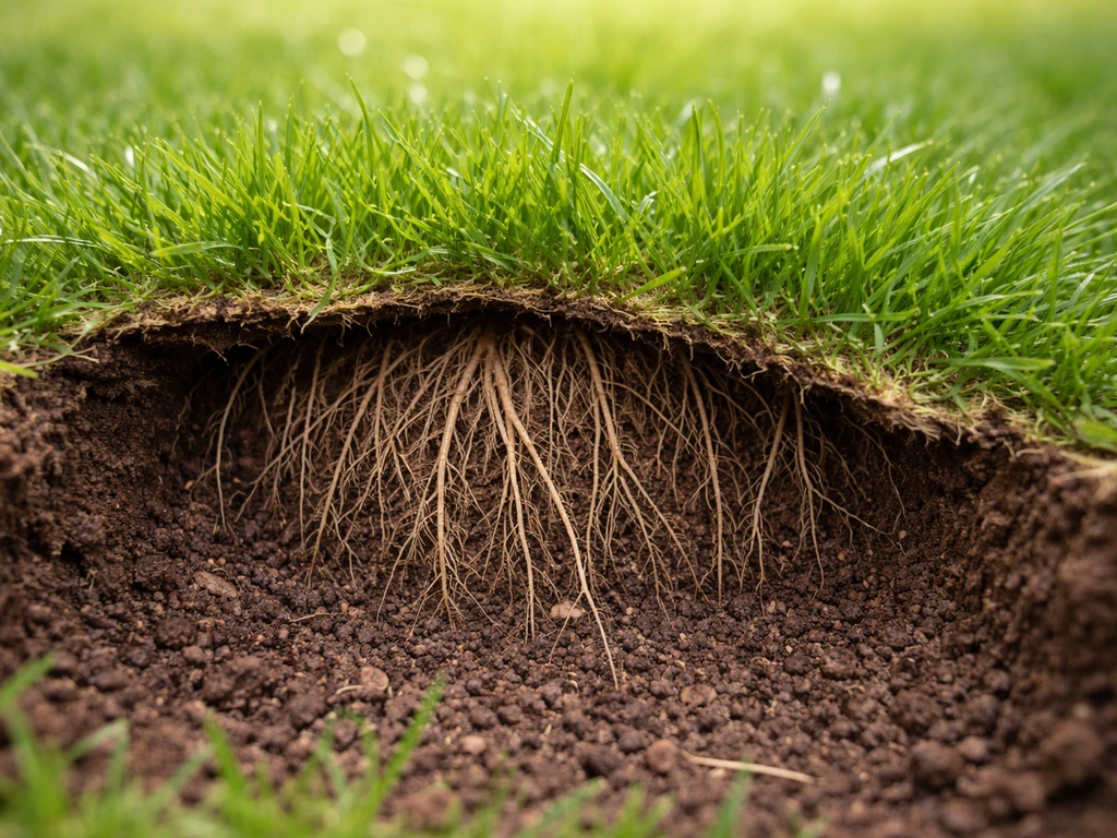Close-up van gras en zichtbare diepe wortels in de bodem, met gelijkmatig groen gras erboven