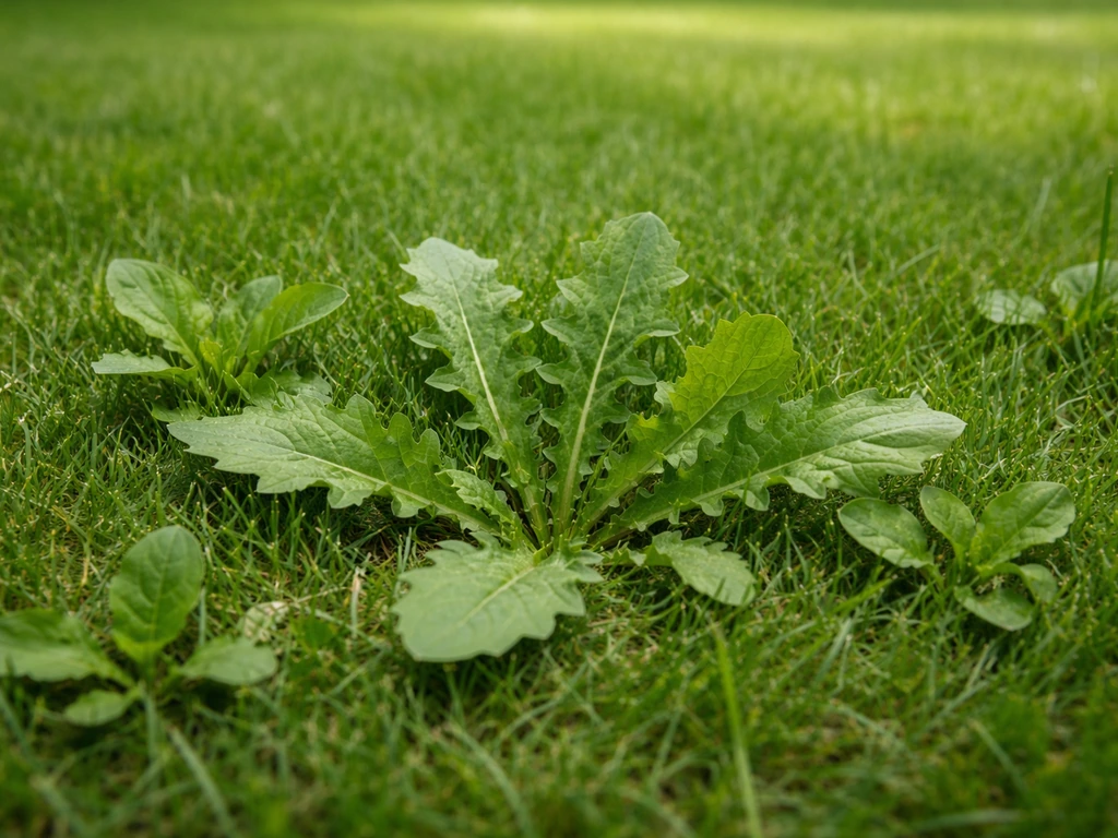 Close-up van gazon met rozetvormige breedbladige onkruiden tussen het gras en een woekerplek