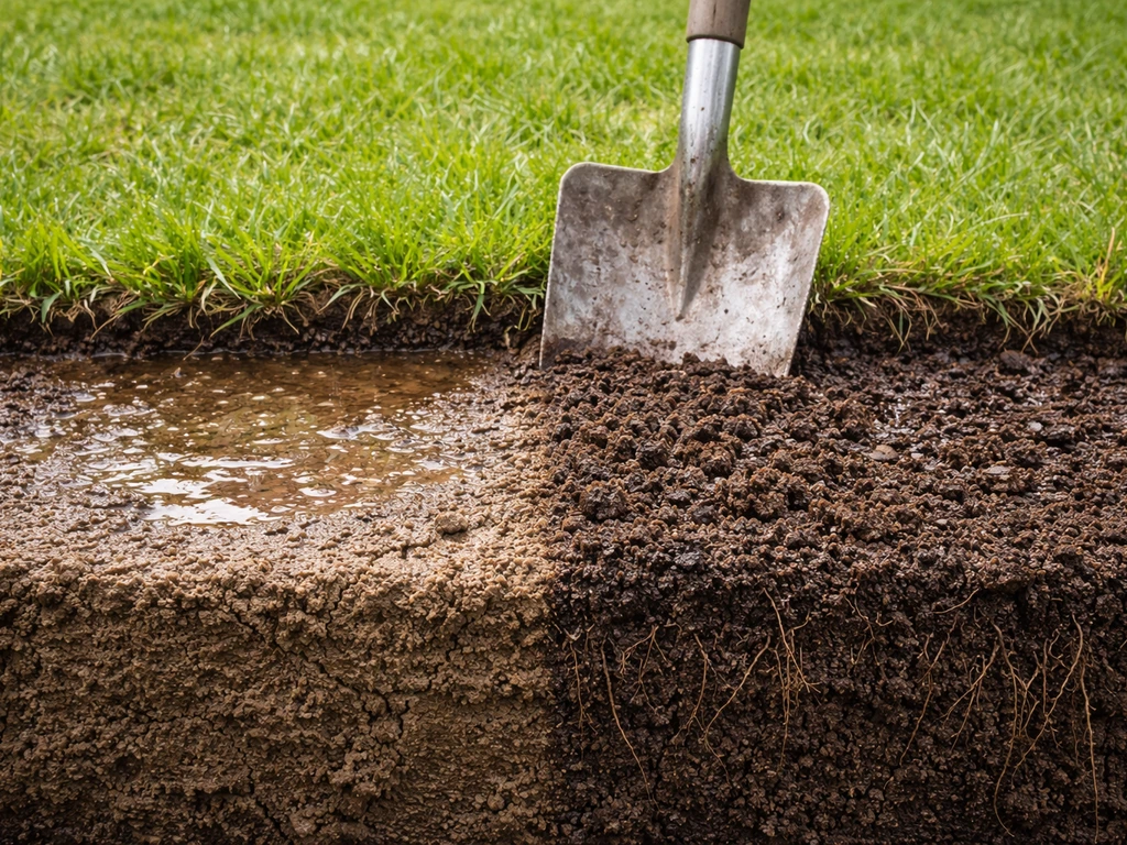 Close-up van verdichte en luchtige gazonbodem naast elkaar, met water dat slecht infiltreert in verdichte grond.