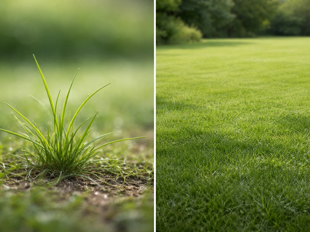 Links een close-up van gras, rechts een open grasveld met gazonrand in natuurlijk daglicht.