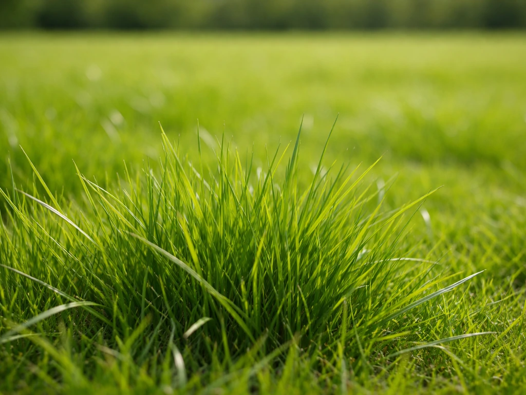 Close-up van groen gras met onscherpe grasvlakte op de achtergrond, passend bij puzzelaanwijzing ‘gras’.