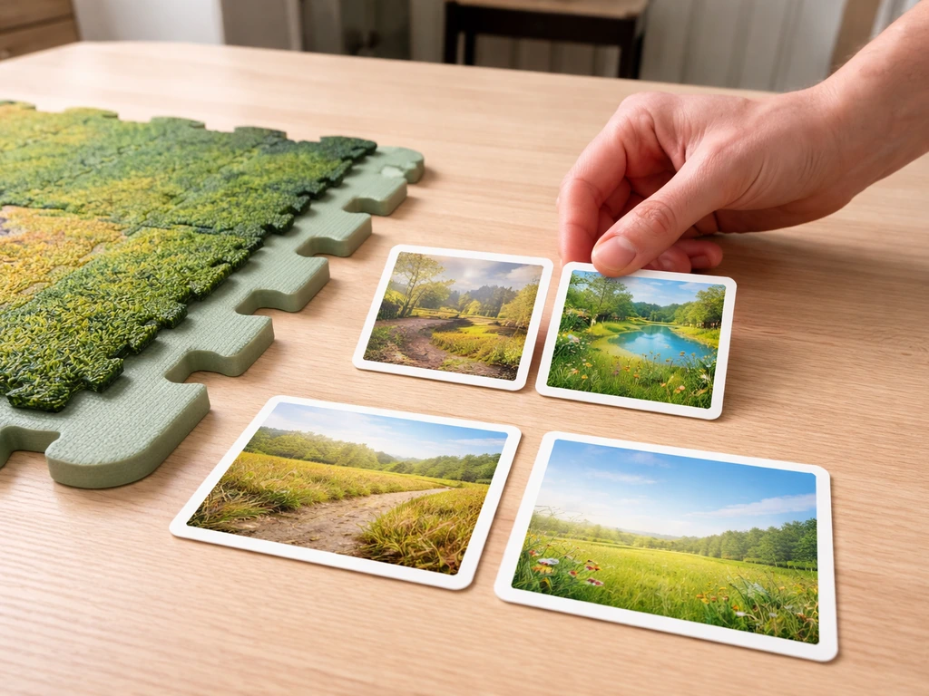 Keukentafel met puzzelstukjes en twee naast elkaar liggende kaartjes: fout versus goed bij woorden als gazon en weide.