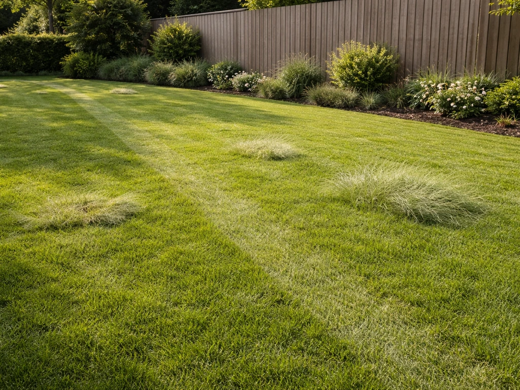 Nederlandse voortuin met gazon waar licht en grover groeiende hardgrasplekken duidelijk afsteken tegen het overige gras.