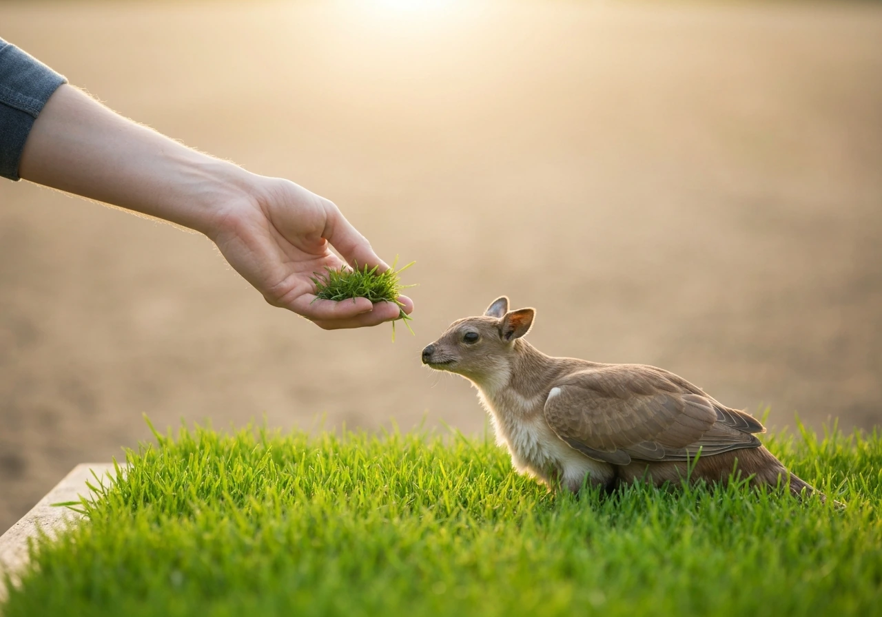 Hand biedt een klein handvol vers gras aan een cavia in een eenvoudige kooi.