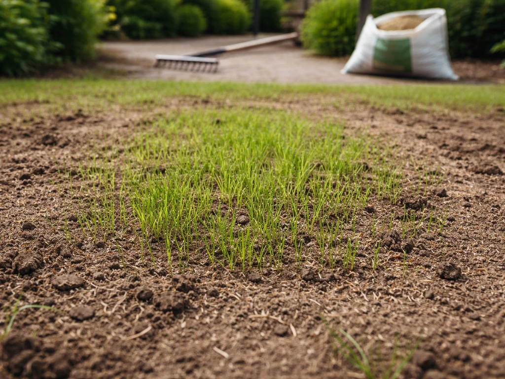 Kaal stuk gazon met zichtbare jonge gras-sprieten en een hark/graszaad op de achtergrond