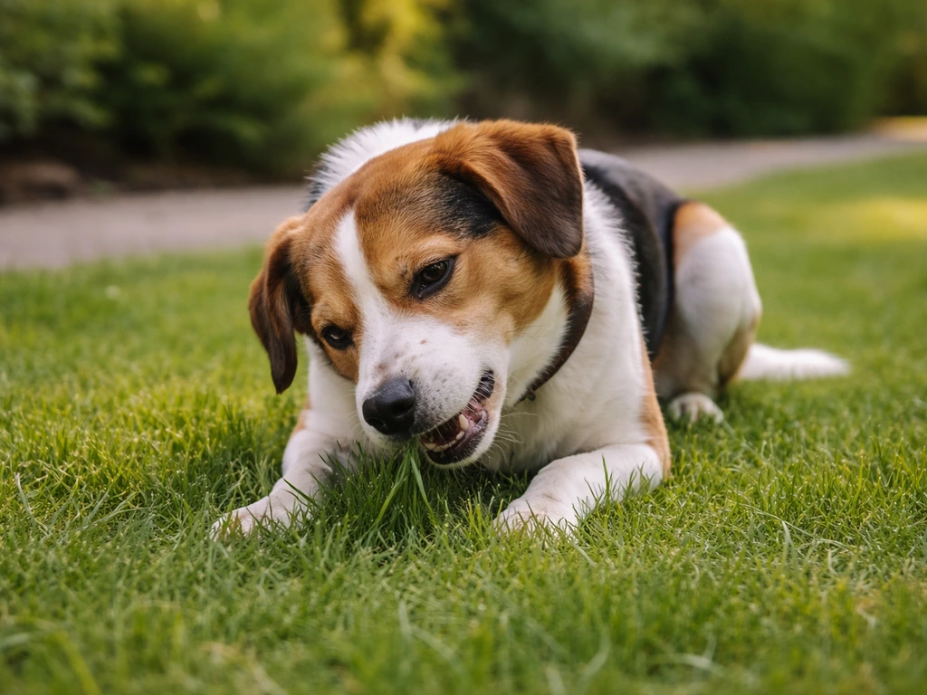 Middelgrote hond knabbelt gericht aan gras bij een gazon tijdens een wandeling in een stille tuin.