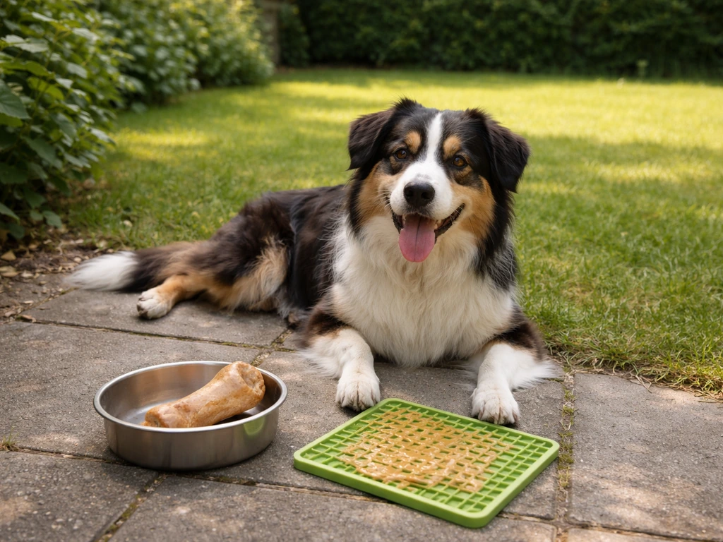 Hond in de tuin met kauwbot en lickmat als afleiding, naast een verzorgd stuk gazon.