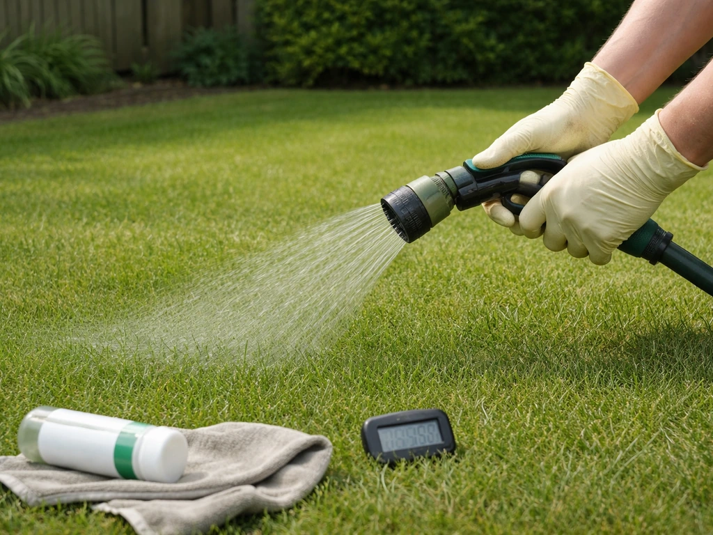 Handen met handschoenen bij het besproeien van het gazon, spuitmateriaal en een timer voor veilige wachttijd.
