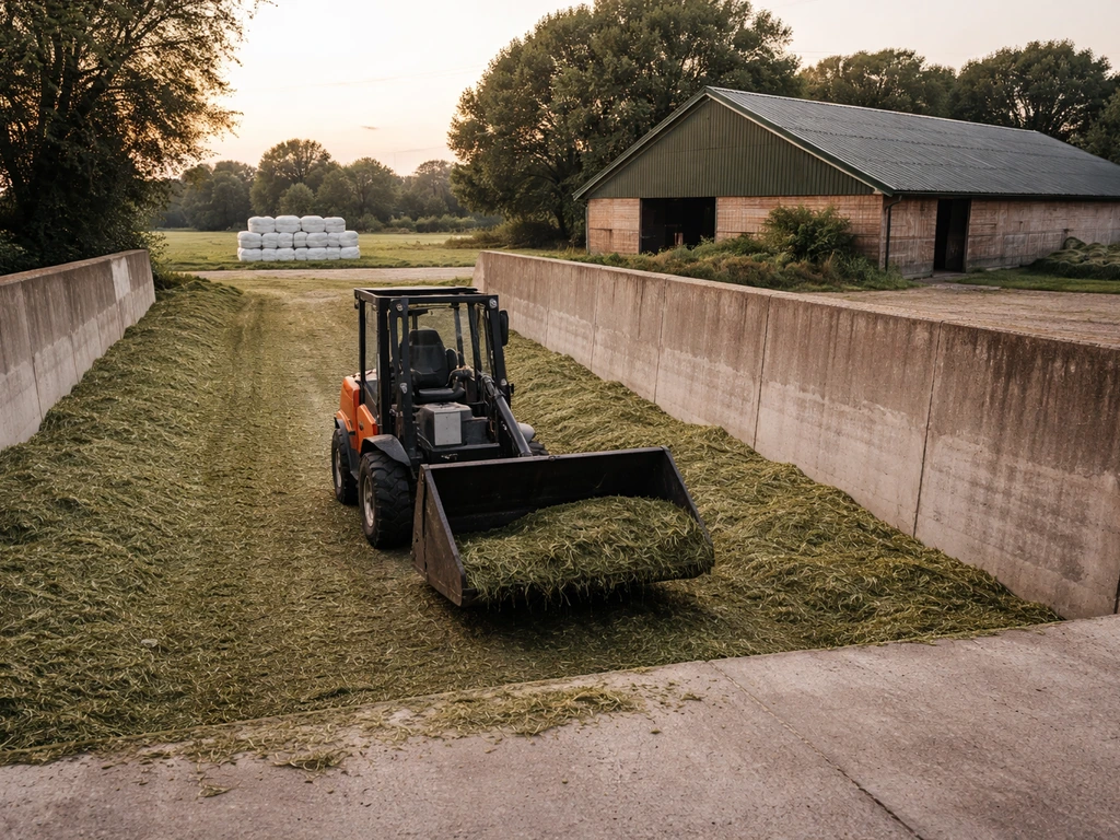 Boerenerf in Nederland met open sleufsilo waar een heftruck gras aanvoert voor het inkuilen.