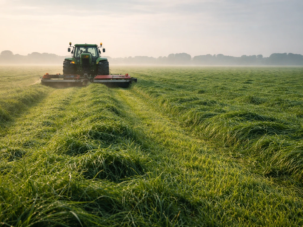 Tractor die gras maait op een Nederlands weiland, vers groen net geoogst voor inkuilen.