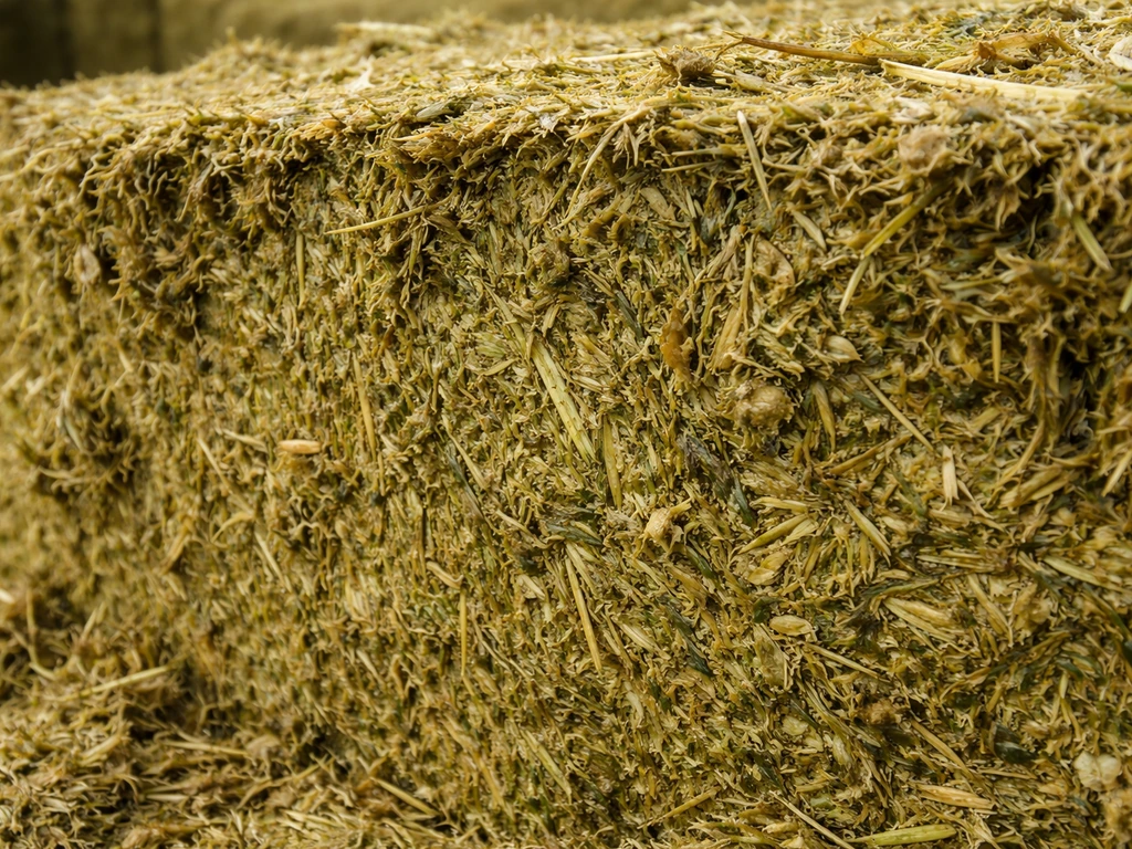 Close-up van een vers snijvlak van graskuil met zichtbare kleur en vezelachtige structuur.