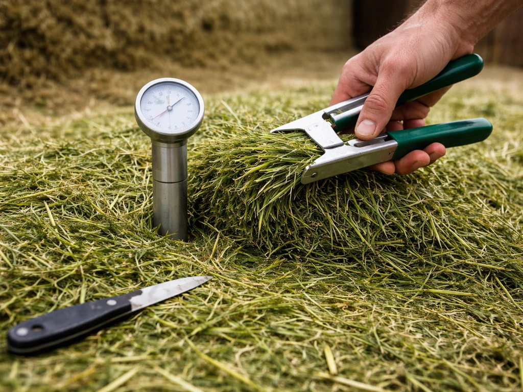 Close-up van gras in een kuil met knijper en een simpele drogestofmeting om de snijmaat te beoordelen.