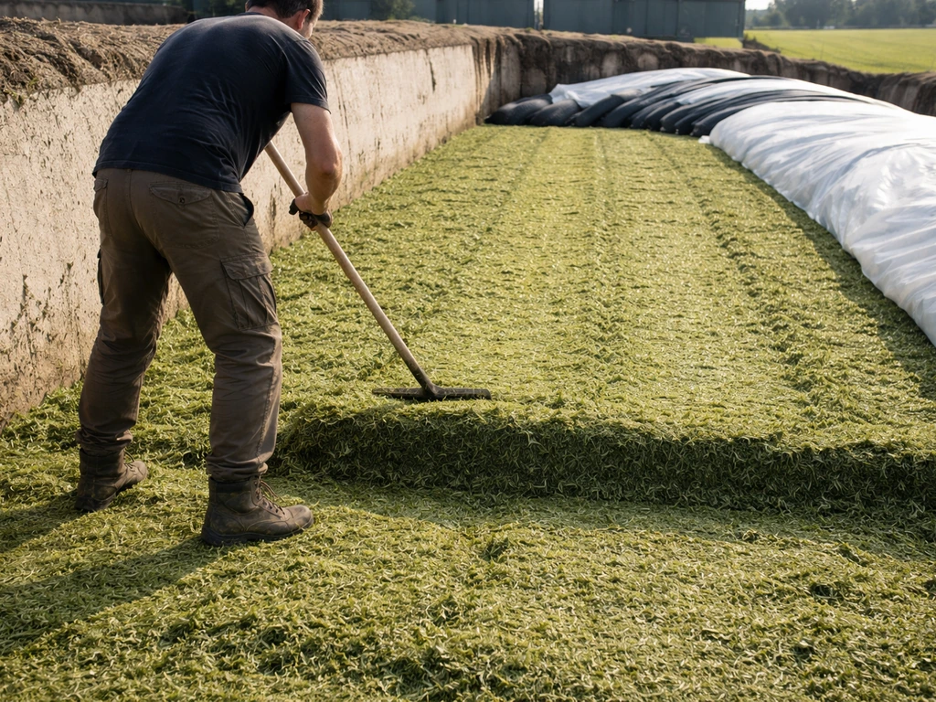 Boer bij een open kuil met folie, terwijl gras in lagen wordt aangeduwd voor een luchtdichte afsluiting