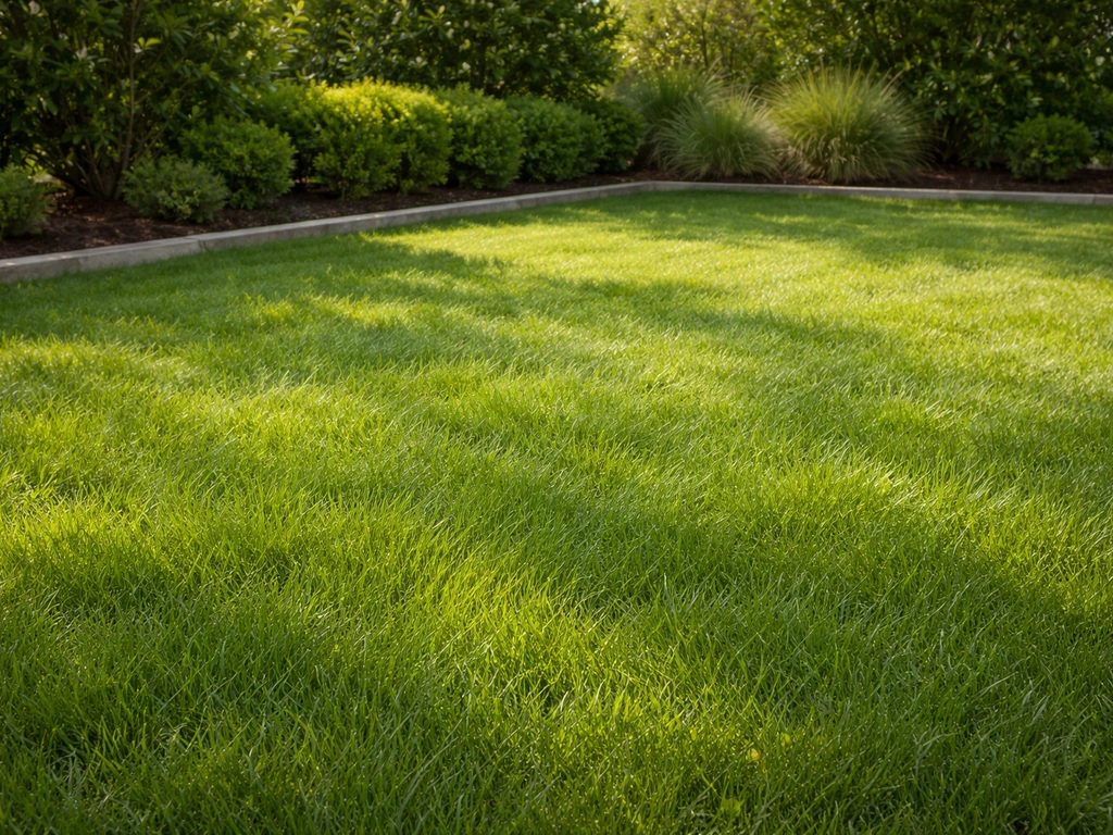 Groen gazon in groeiseizoen met zacht zonlicht en warme, gematigde sfeer; gras dat licht van boven vangt.