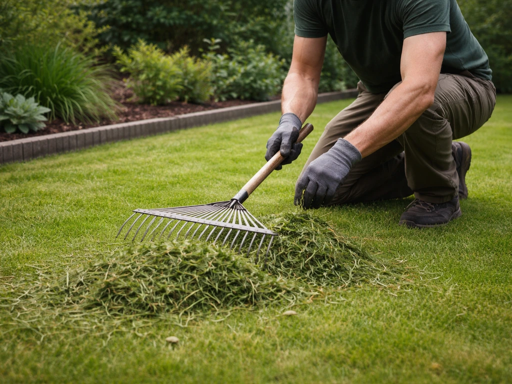 Tuinman brengt maaisel met een hark bij op het gazon, gereed voor afvoer of compost/mulch.