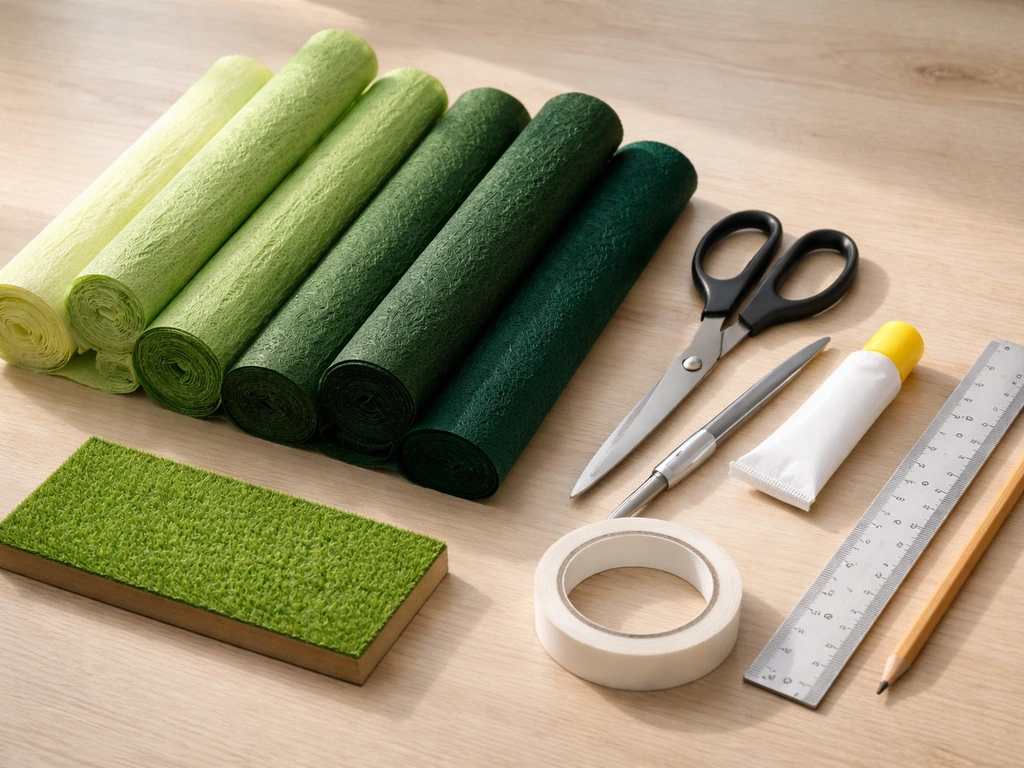 Still-life op houten tafel met groen crepepapier, schaar, tape, lijm en potlood/lat voor een graslook.