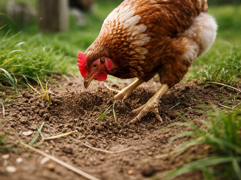 Close-up van kippen die wroeten in grasrijke kippenren, waardoor grond openkomt en gras opnieuw kan groeien.
