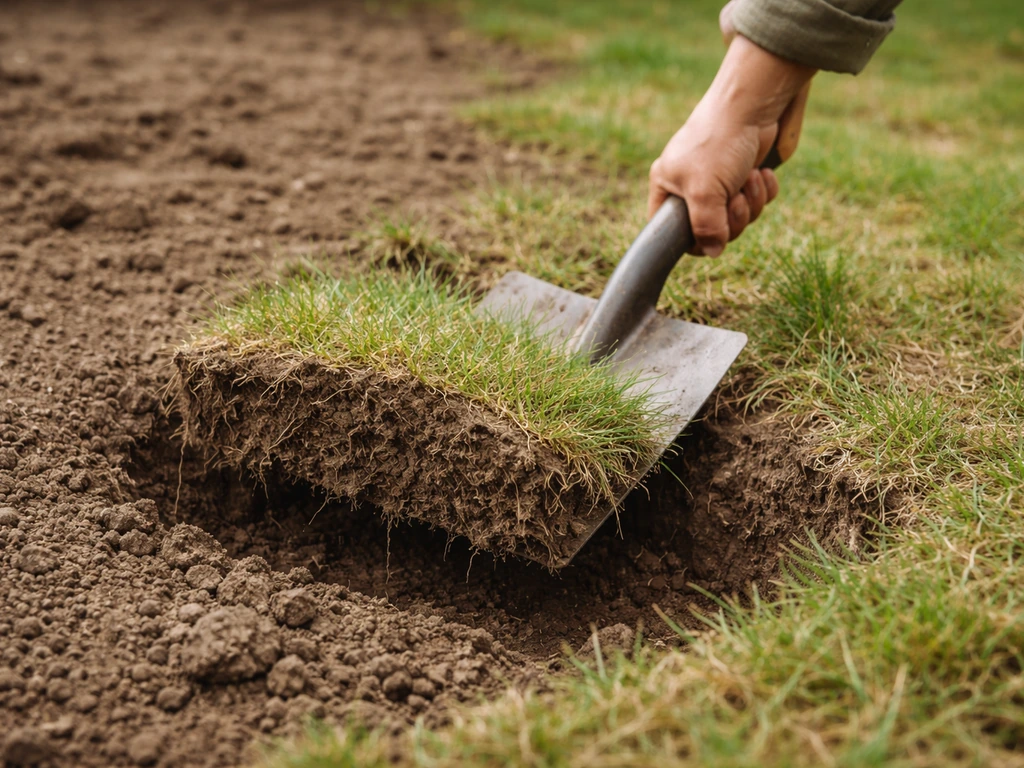 Close-up van spade/spitvork die een graszode lossteekt; aarde en grasplag zichtbaar op ca. 10 cm diepte.