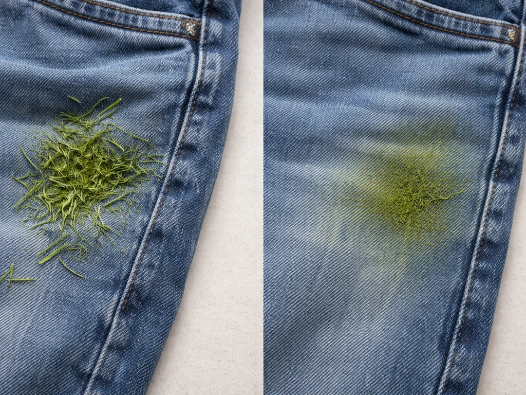 Denim met twee duidelijke grasvlekken: los gras op het oppervlak en een ingesleten grasvlek in de stof