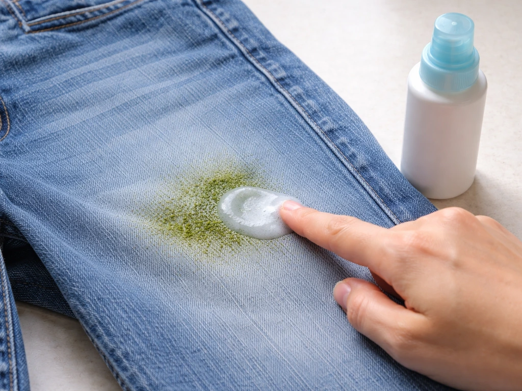 Close-up van denim met een grasvlek waar vloeibaar wasmiddel en enzymreiniger worden ingewerkt.