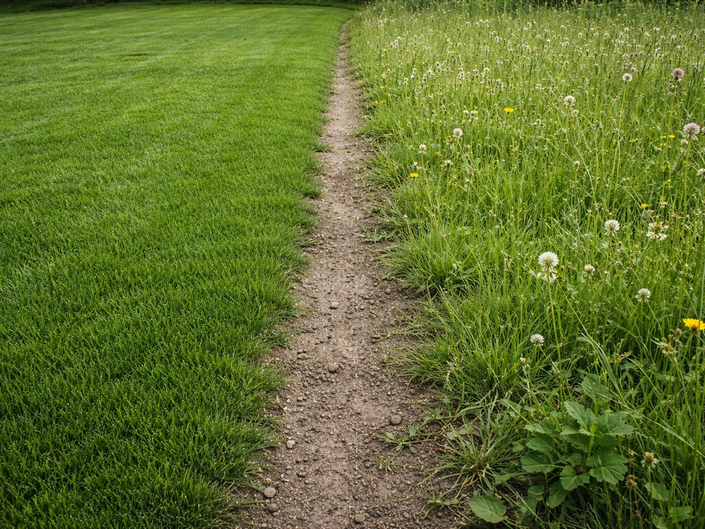 Opsplitsing van een strak gazon en een kruidenrijk grasland met duidelijk verschil in begroeiing