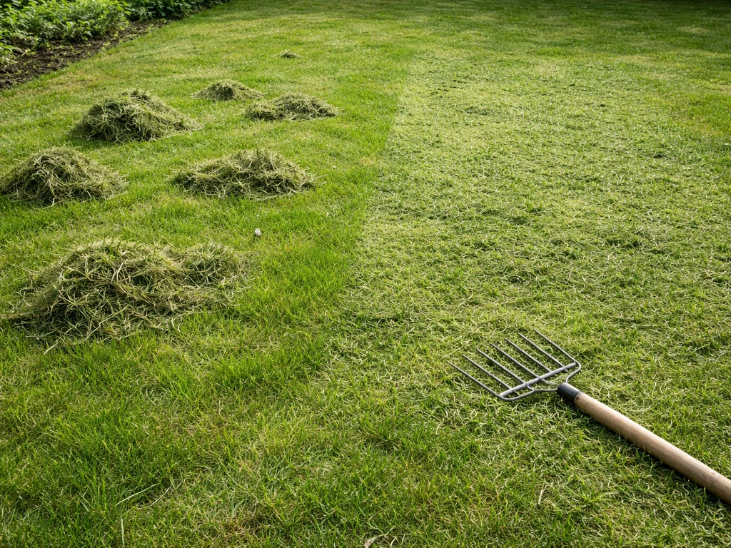 Natuurlijk gazon met zichtbaar verschil: opgehoopt maaisel naast fijn verdeeld mulchen-maaisel.