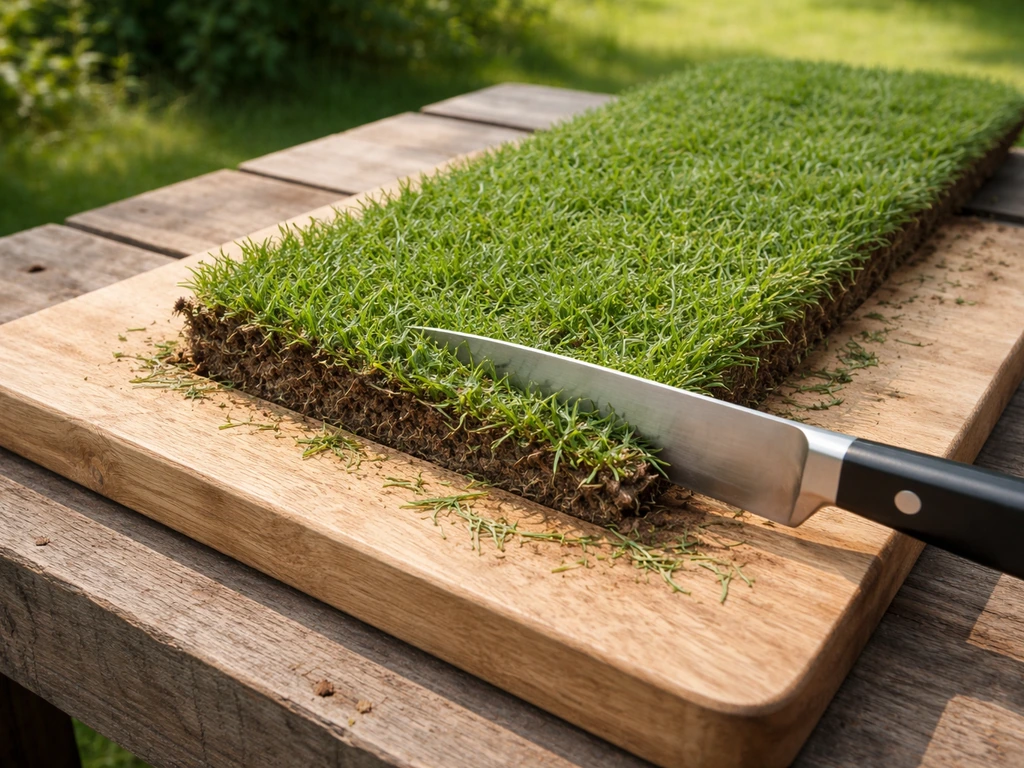 Scherp keukenmes snijdt een graszode op maat op een snijplank, zonder mensen in beeld.