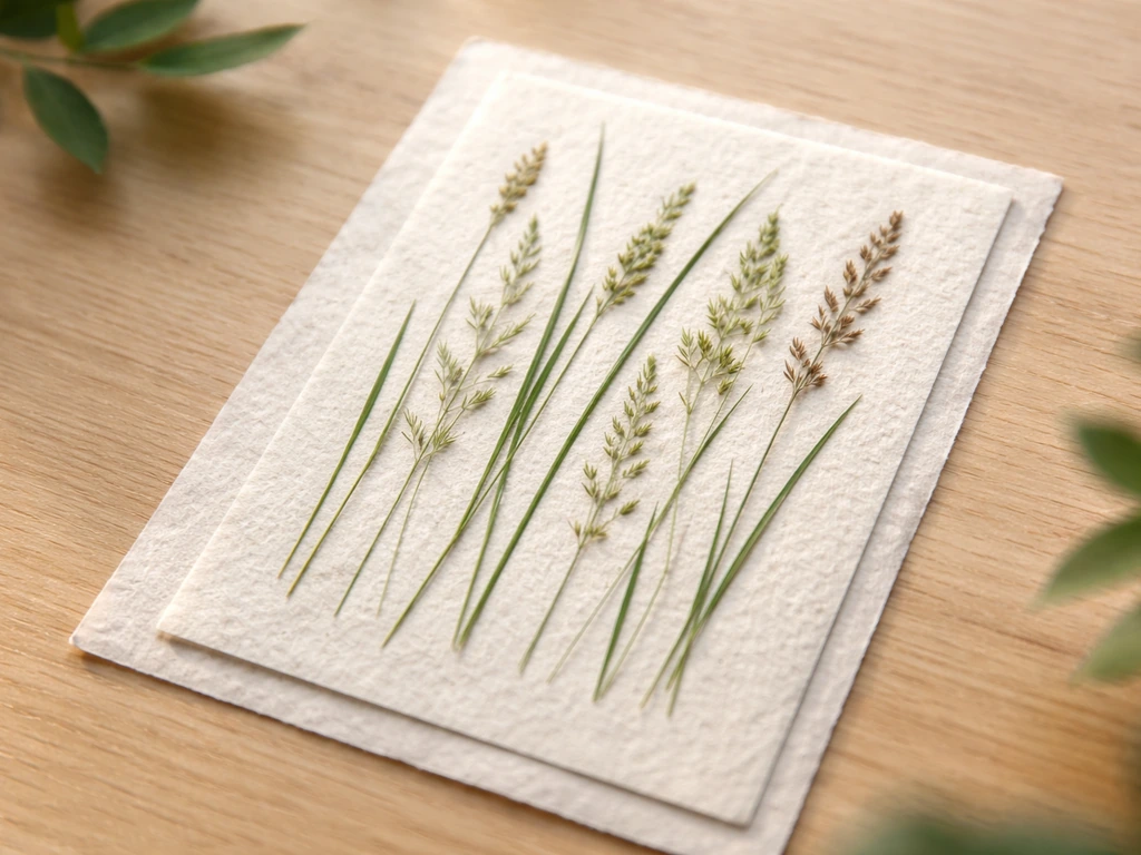 Geperste grassprietjes tussen papier, met een afgewerkt kaartje als grasdetail.