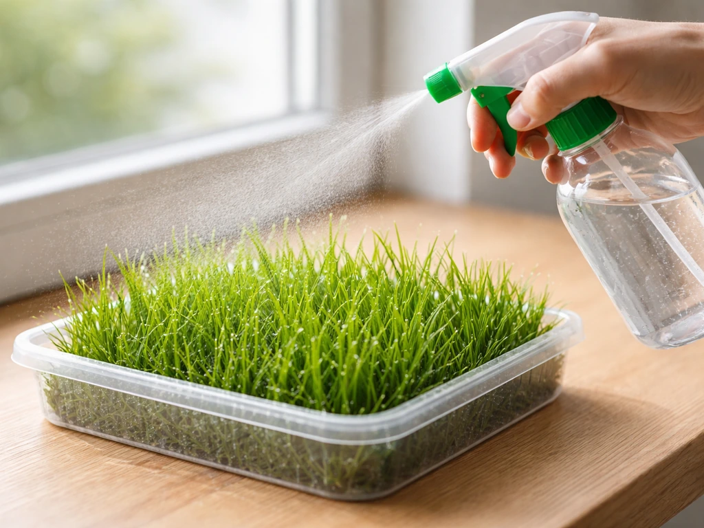 Mini-gazon in een bakje met levend gras, besproeid met een plantenspuit; druppels en frisgroen resultaat.