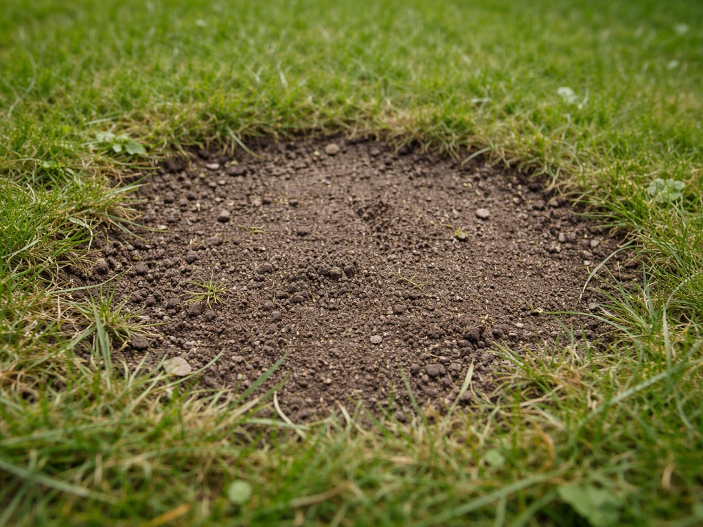 Close-up van een kale plek in het gazon met zichtbare grond, klaar om bij te zaaien