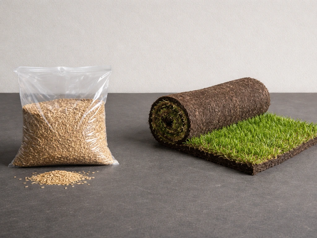 Links graszaad in zak, rechts opgerolde grasmat/rolzoden, duidelijk naast elkaar voor vergelijking.