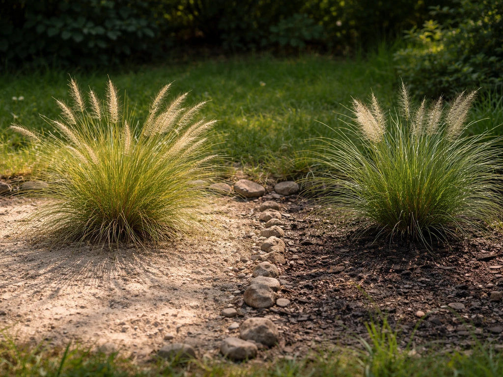Mini-tuin met twee bodemplekken: droog zand in volle zon en vochtige grond in schaduw, elk met pluimgras.
