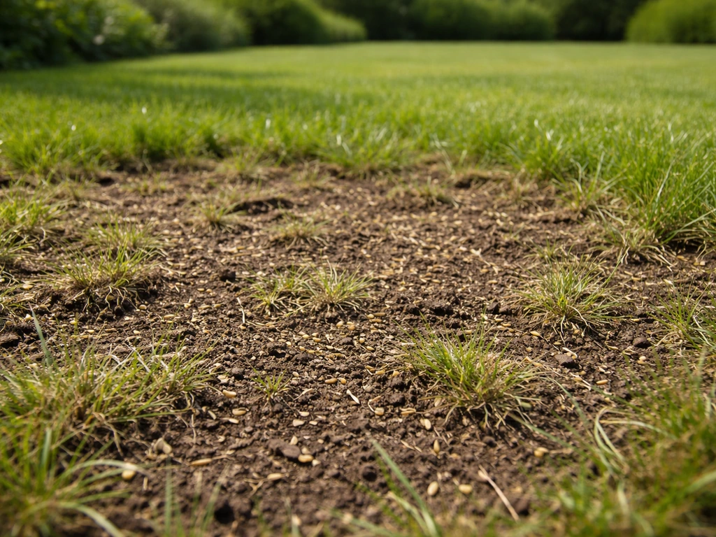 Gazon met opengekrabde bodem na verticuteren, met net ingezaaide graszaden in een rustig tuinstuk.