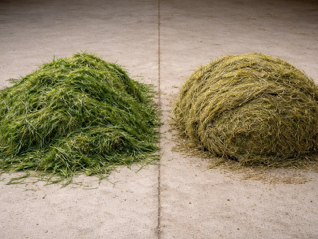 Twee hopen gras op het erf: vers groen links en meer ingekuild/gedroogd gras rechts, met natuurlijke kleurverschillen.