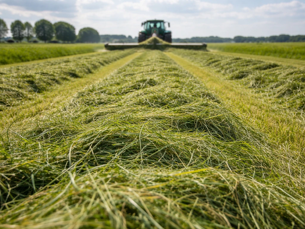 Landbouwmaaier die vers gemaaid gras breed uitspreidt op een veld direct na het maaien.