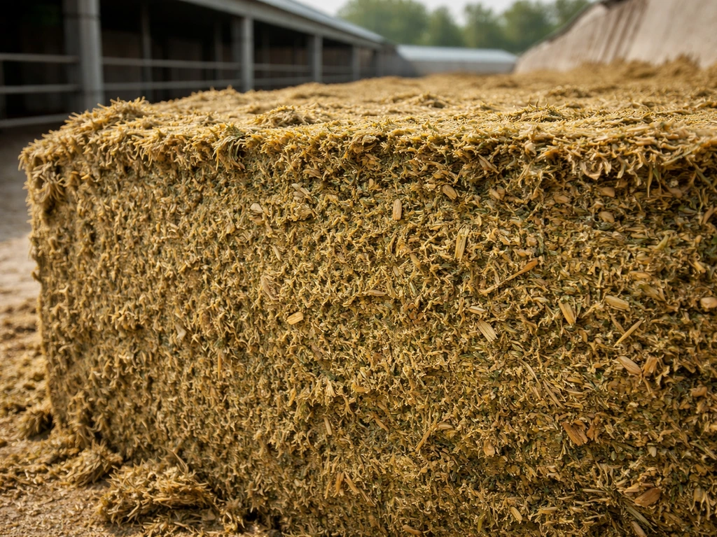 Close-up van het snijvlak van olijfgroen kuilvoer met stevige, goed gefermenteerde structuur.