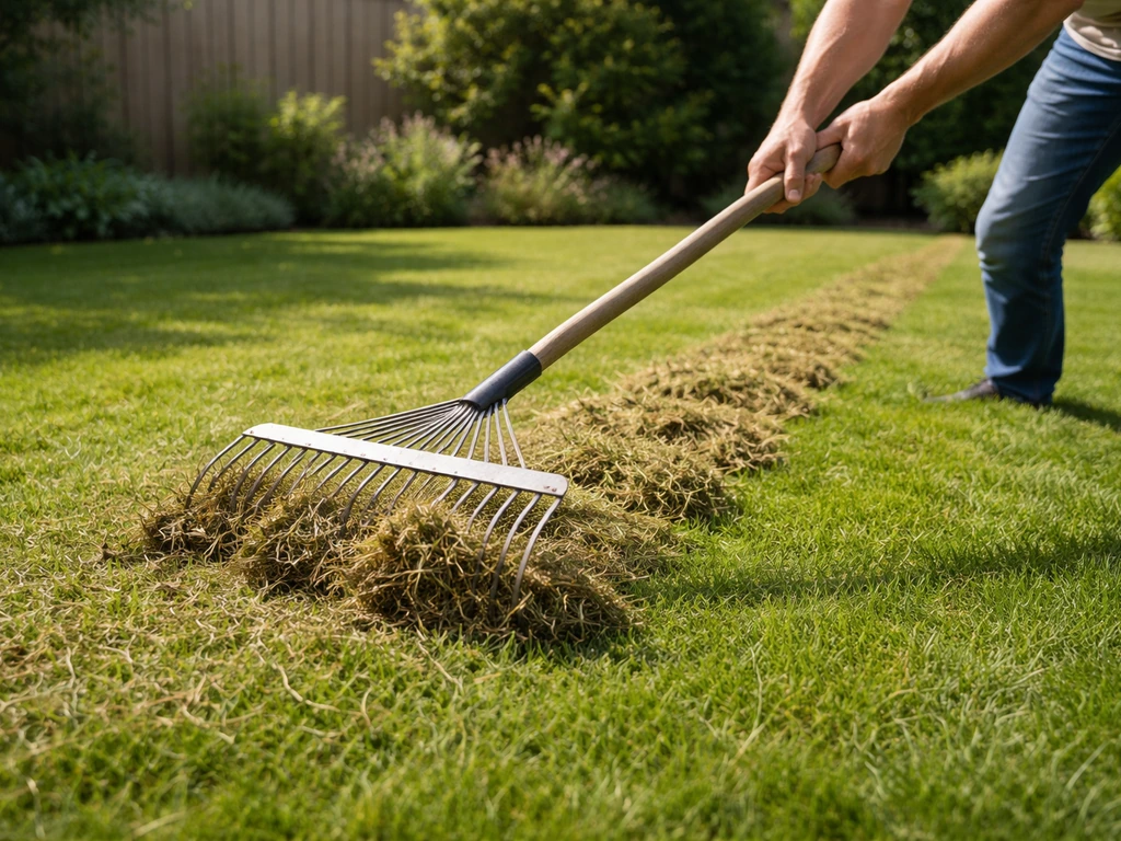 Nederlandse achtertuin met een verzorgd gazon; een bladhark trekt grasresten en vilt omhoog bij gras inharken.