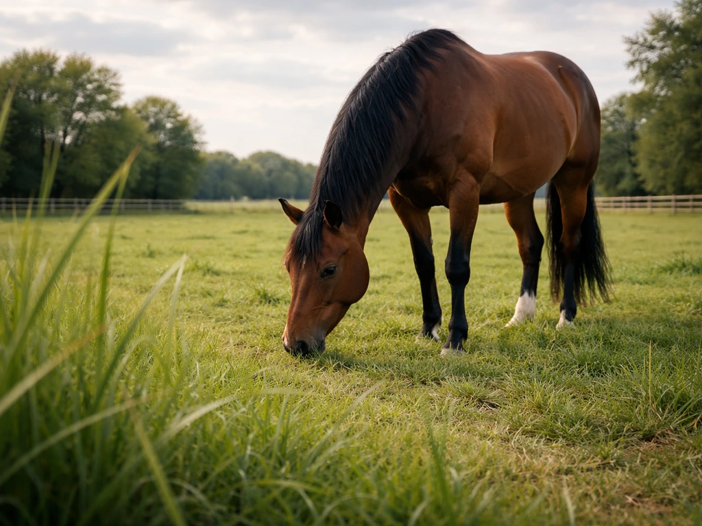 Paard dat graast op een Nederlandse weide met frisse grassprieten, rustige maar alerte sfeer
