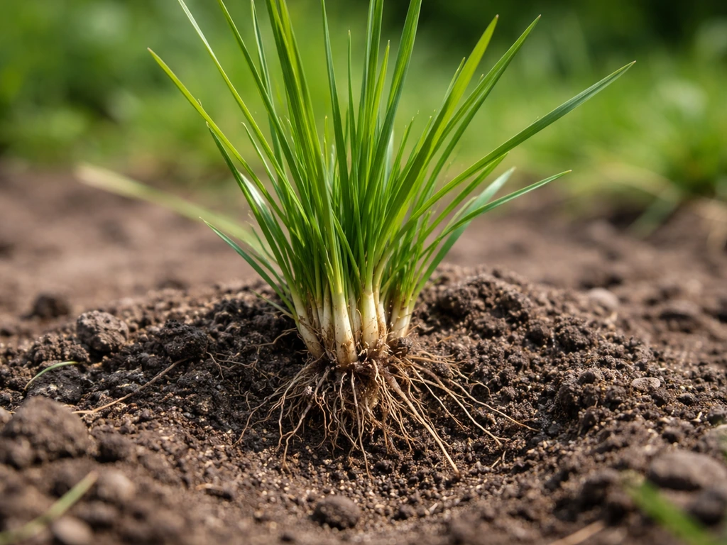 Close-up van een graspol met zichtbare stengels en wortelzone in de grond, minimalistische achtergrond.